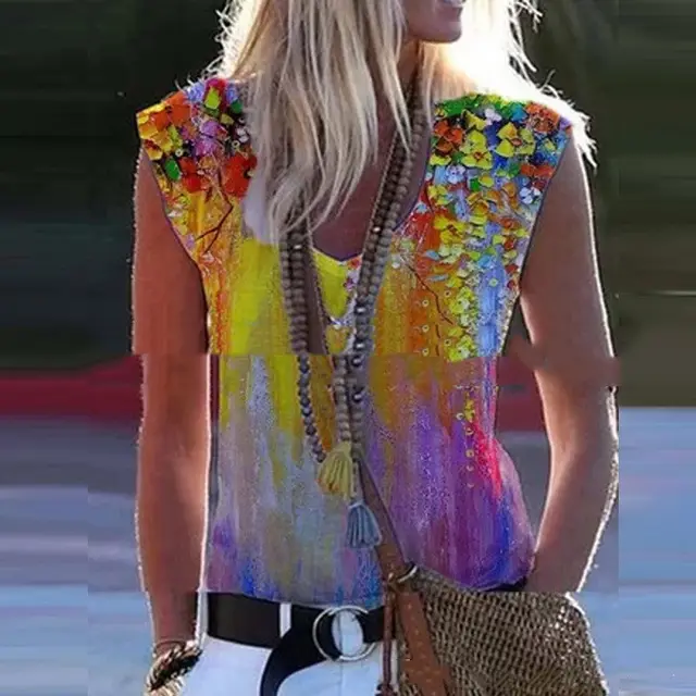 Women's Retro Colorful Printed V Neck Sleeveless Vest Top Pullover Orange - Shop at LoveMi
