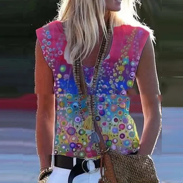 Women's Retro Colorful Printed V Neck Sleeveless Vest Top Pullover Pink - Shop at LoveMi