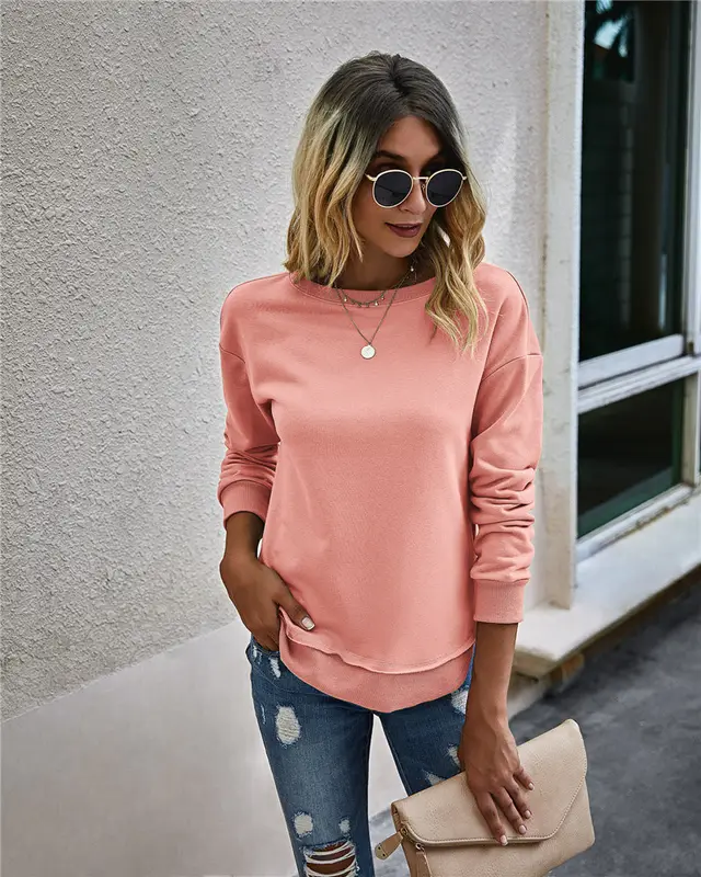 Fashion Sweater Solid Color Irregular Stitching Casual Pink - Shop at LoveMi