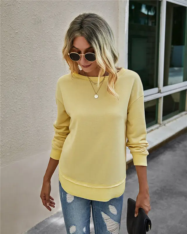 Fashion Sweater Solid Color Irregular Stitching Casual Yellow - Shop at LoveMi
