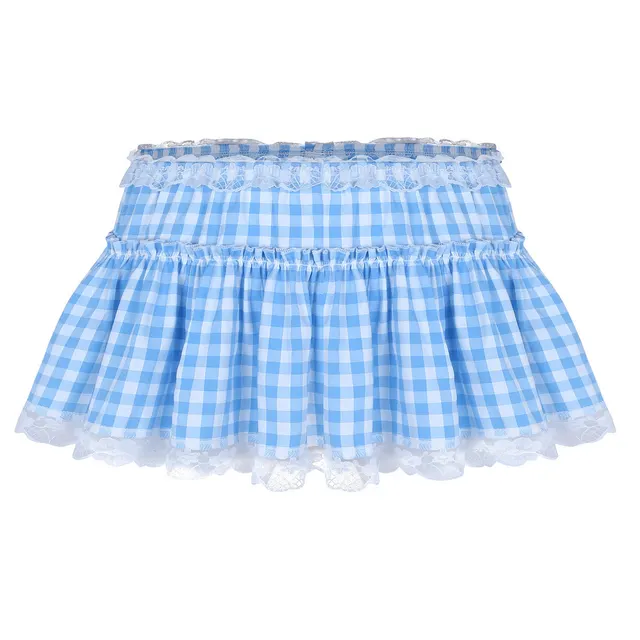 Pleated Lace Check Mini Skirt Blue - Shop at LoveMi
