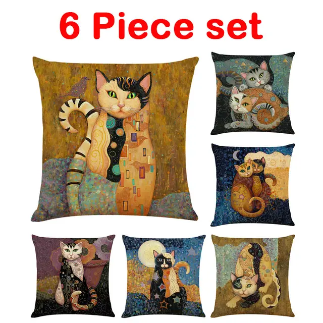 Art Mural Cat Print Cotton And Linen Pillowcase 6 Piece Set - Shop at LoveMi