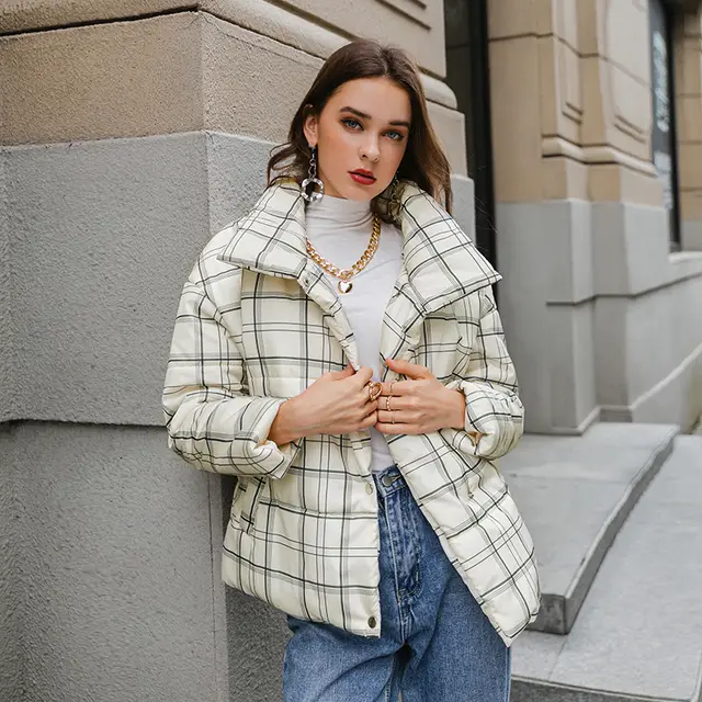 Casual Atmospheric Plaid Thicken Warm Cotton Jacket White - Shop at LoveMi