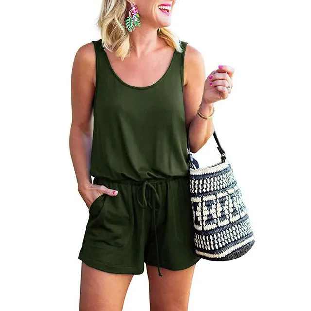 Solid Color Open Back Sleeveless Vest Pocket Jumpsuit One Piece Pants Women Army Green - Shop at LoveMi