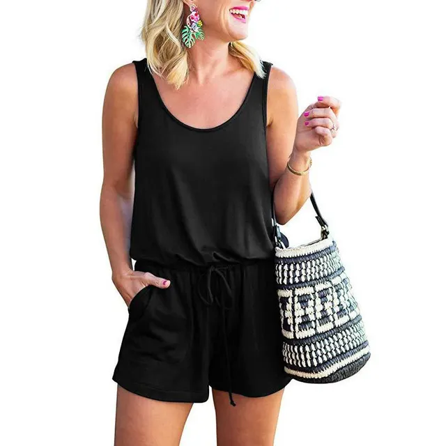 Solid Color Open Back Sleeveless Vest Pocket Jumpsuit One Piece Pants Women Black - Shop at LoveMi