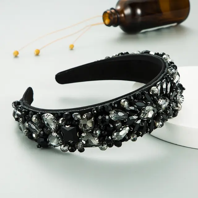 Hand Stitched Fabric Headband Inlaid With Glass Diamonds Shiny Ball Headband Black - Shop at LoveMi