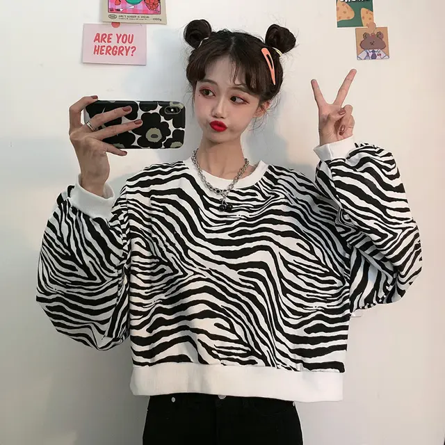 Loose And Lazy Zebra Pattern Top Dress With Long Sleeves White - Shop at LoveMi