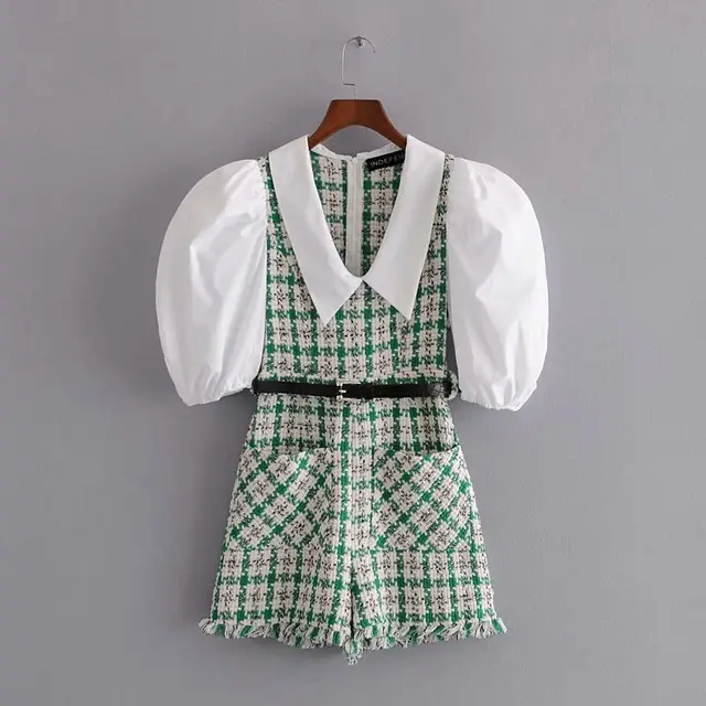 Tweed Belt Jumpsuit Green Shorts For Ladies - Shop at LoveMi