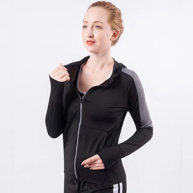 Women's Fitness Wear Long sleeved High stretch Quick drying Tight fitting Zipper Hooded Jacket Dark Grey - Shop at LoveMi