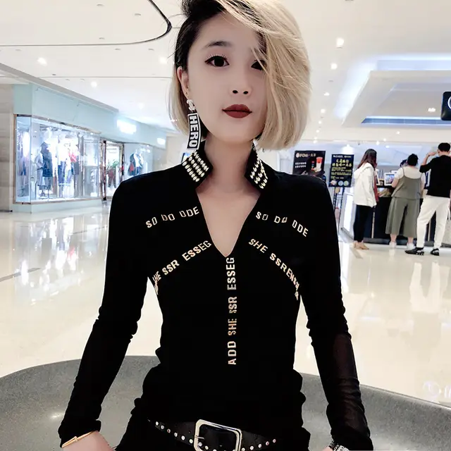 Mesh Long sleeved Blouse Original Design All match Solid Color Bottoming Shirt Black - Shop at LoveMi