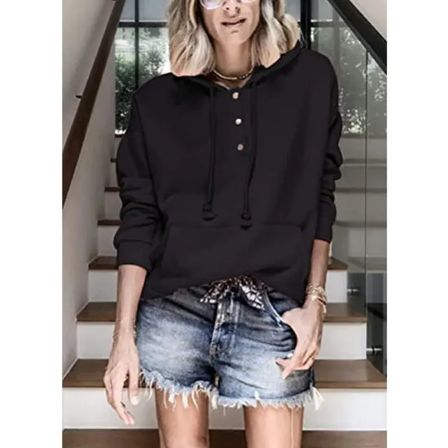 Pocket Sweatshirt Solid Color Pullover Button Hoodie Black - Shop at LoveMi