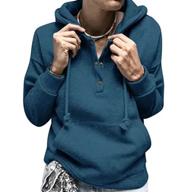 Pocket Sweatshirt Solid Color Pullover Button Hoodie Blue - Shop at LoveMi