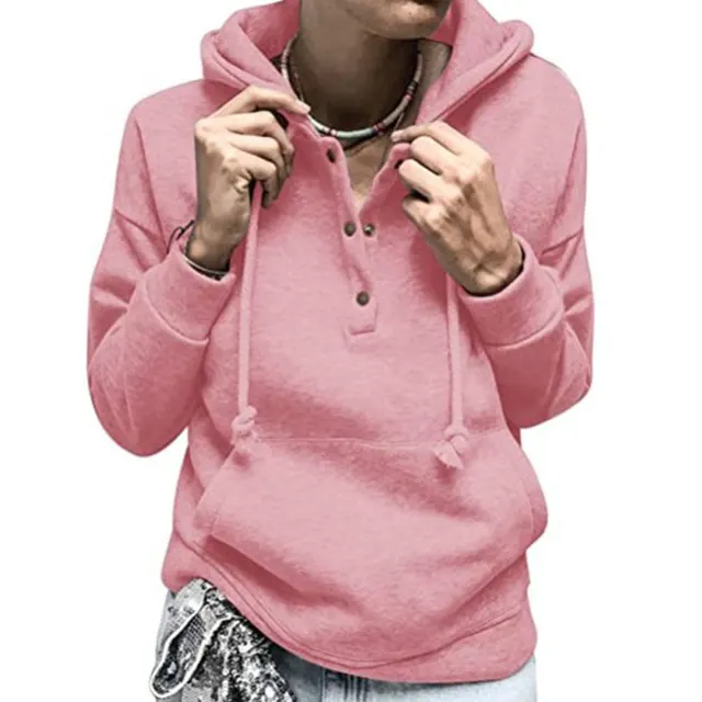 Pocket Sweatshirt Solid Color Pullover Button Hoodie Pink - Shop at LoveMi