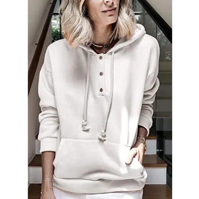 Pocket Sweatshirt Solid Color Pullover Button Hoodie White - Shop at LoveMi