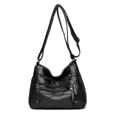 Soft Leather Fashion All Match Double Messenger Bag Korean Version Large Capacity Black - Shop at LoveMi