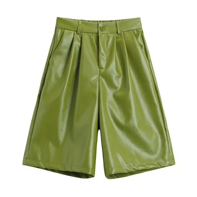 High waisted A line Wide leg Slimming Loose Leather Shorts Green - Shop at LoveMi
