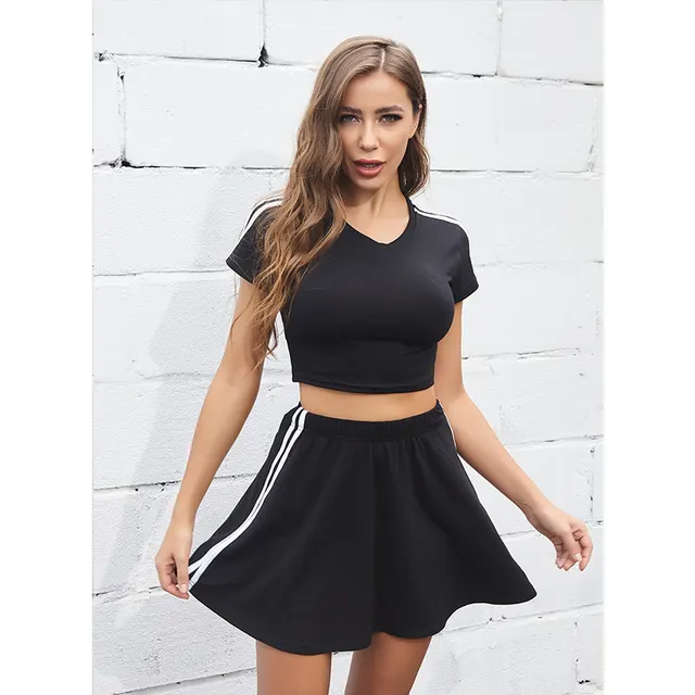 Solid Color Striped Short Sleeved Top Skirt Sports Suit Outer Wear Black - Shop at LoveMi