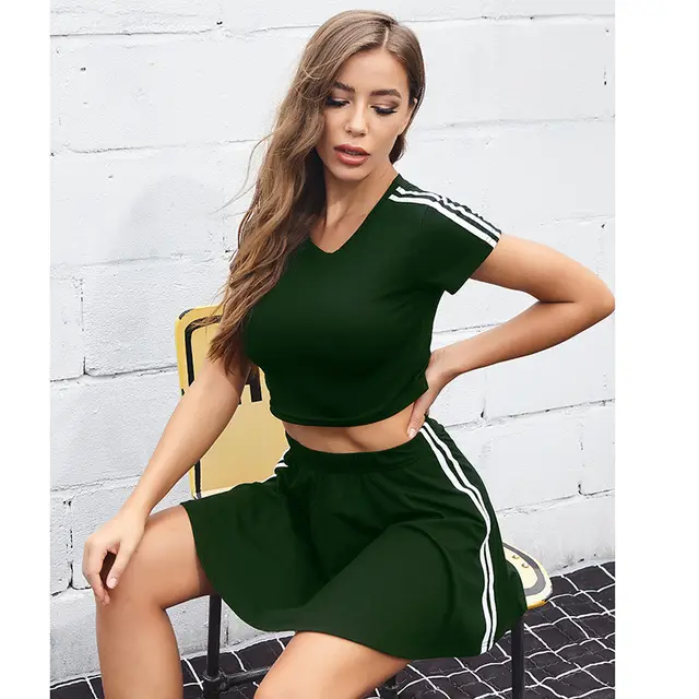 Solid Color Striped Short Sleeved Top Skirt Sports Suit Outer Wear Green - Shop at LoveMi