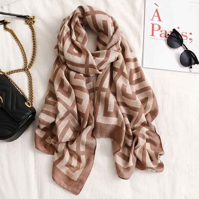 Printed Cotton And Linen Multifunctional Silk Scarf Coffee - Shop at LoveMi
