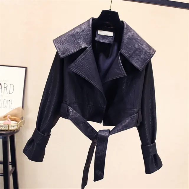 Lapel Loose Short Hem Lace Washed Motorcycle Pu Leather Jacket Black - Shop at LoveMi