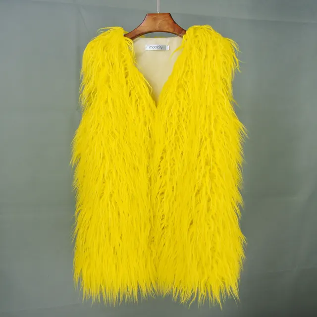 Mid length Beach like Wool Fur Vest Warm Vest Women's Vest Jacket Yellow - Shop at LoveMi