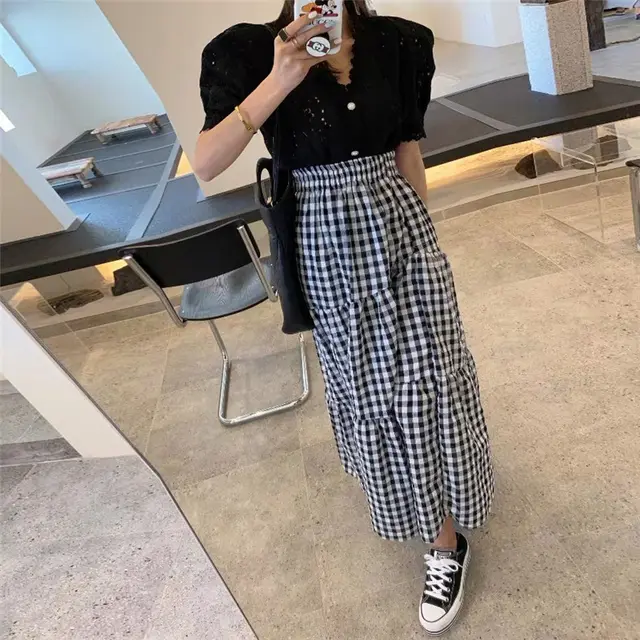Stitching Pleated Asymmetric A line Large Skirt Black - Shop at LoveMi