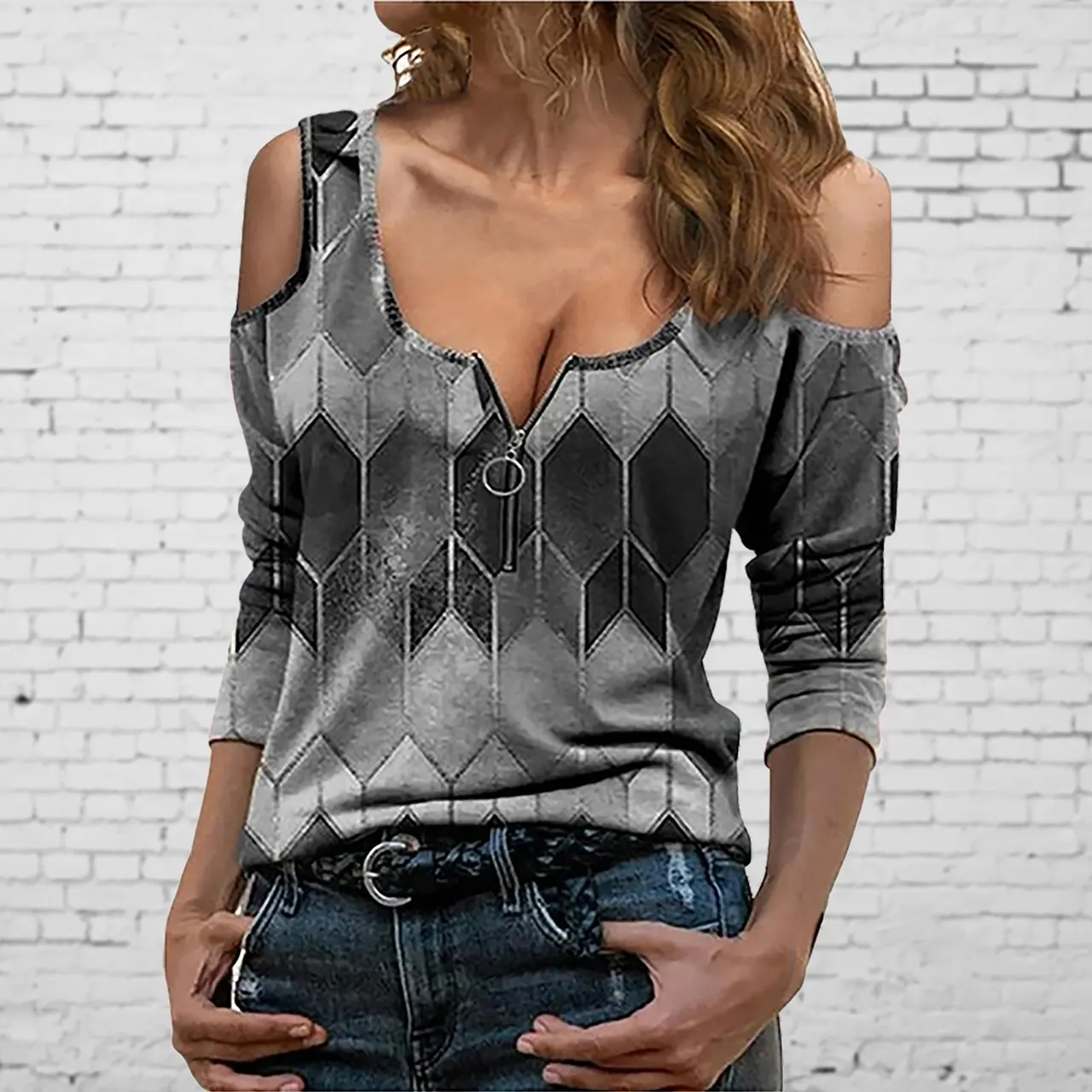 Geometric Print Off-the-shoulder Long-sleeved Pullover - Black
