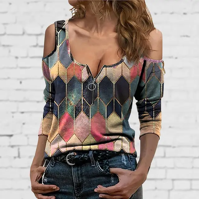 Geometric Print Off the shoulder Long sleeved Pullover Pink - Shop at LoveMi