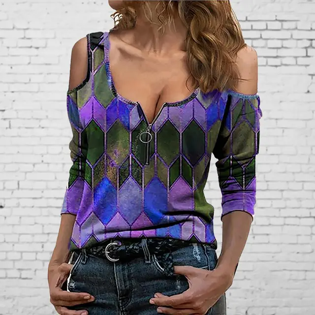 Geometric Print Off the shoulder Long sleeved Pullover Purple - Shop at LoveMi