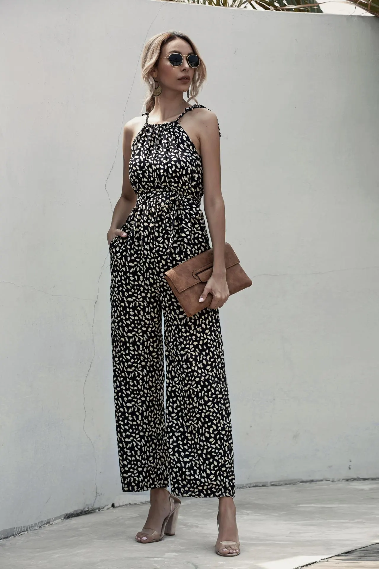Dot Sling Halter Wide-Leg Casual Jumpsuit - Black