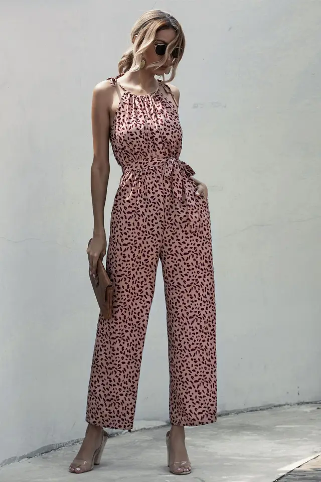 Dot Sling Halter Wide Leg Casual Jumpsuit Khaki - Shop at LoveMi