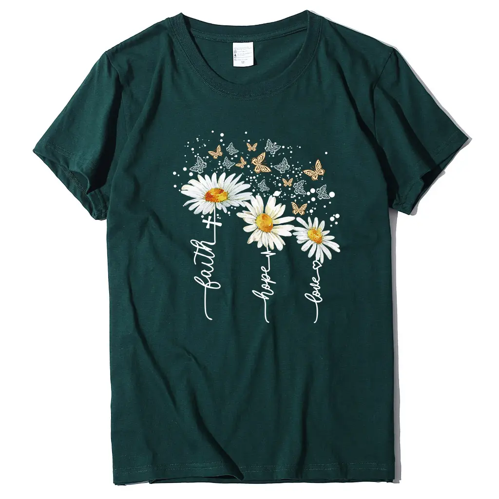 New Summer Cotton Women's T-shirt Daisy Print Butterfly Casual T-shirt - Army Green