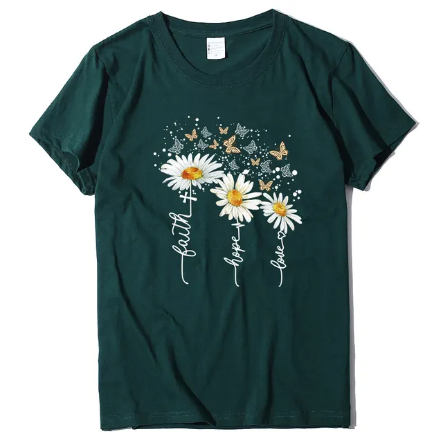 New Summer Cotton Women's T shirt Daisy Print Butterfly Casual T shirt Army Green - Shop at LoveMi