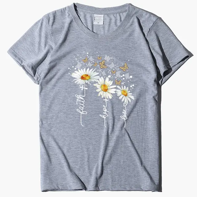 New Summer Cotton Women's T shirt Daisy Print Butterfly Casual T shirt Grey - Shop at LoveMi