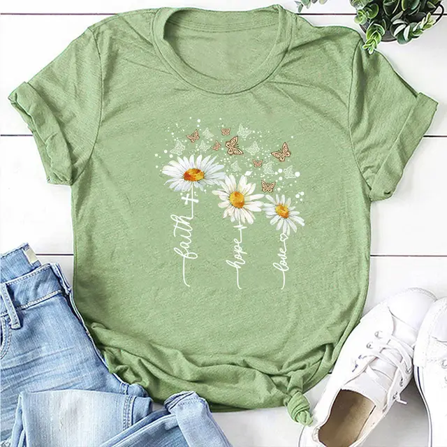 New Summer Cotton Women's T shirt Daisy Print Butterfly Casual T shirt Light Green - Shop at LoveMi