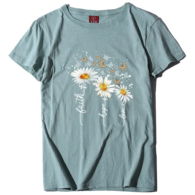 New Summer Cotton Women's T shirt Daisy Print Butterfly Casual T shirt Olive Green - Shop at LoveMi