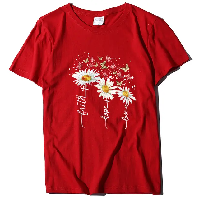 New Summer Cotton Women's T shirt Daisy Print Butterfly Casual T shirt Red - Shop at LoveMi