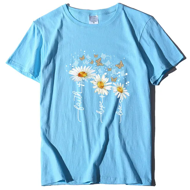 New Summer Cotton Women's T shirt Daisy Print Butterfly Casual T shirt Sky Blue - Shop at LoveMi