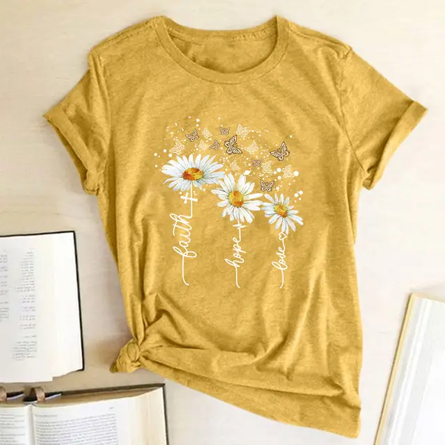 New Summer Cotton Women's T shirt Daisy Print Butterfly Casual T shirt Turmeric - Shop at LoveMi
