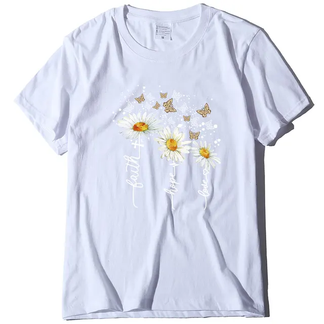 New Summer Cotton Women's T shirt Daisy Print Butterfly Casual T shirt White - Shop at LoveMi