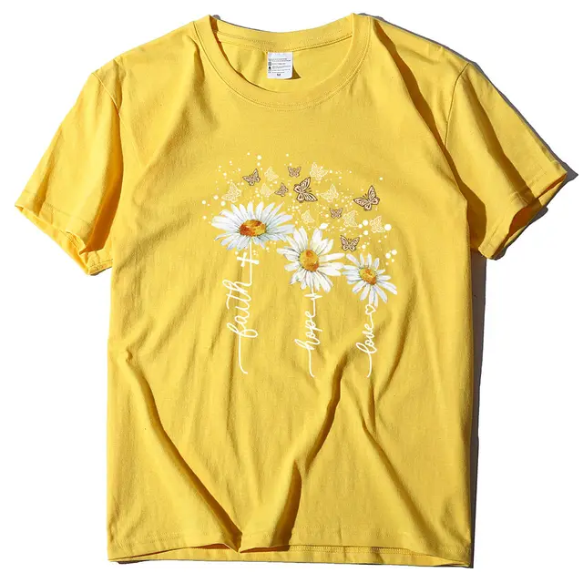 New Summer Cotton Women's T shirt Daisy Print Butterfly Casual T shirt Yellow - Shop at LoveMi