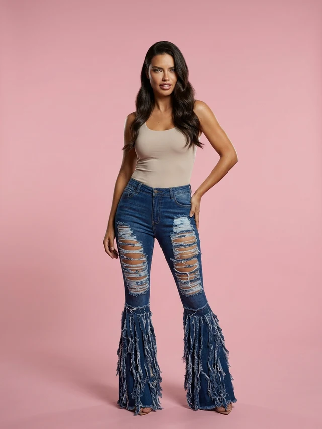 Casual Women Ripped Jeans Pants Falre Pants Denim Long Trousers Blue - Shop at LoveMi