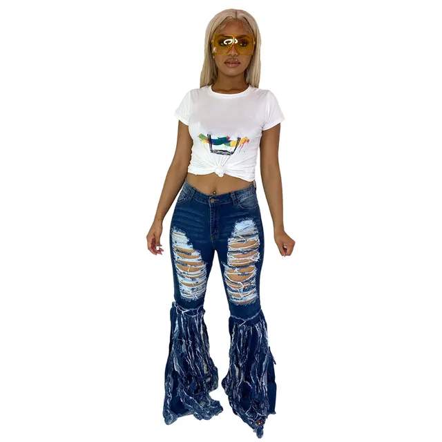 Casual Women Ripped Jeans Pants Falre Pants Denim Long Trousers Blue - Shop at LoveMi