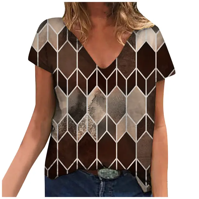 New Women's Tops Rhombus Printing Loose V Neck Short Sleeved T Shirt Coffee - Shop at LoveMi