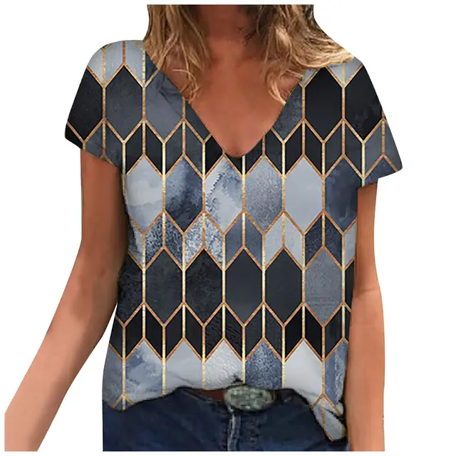 New Women's Tops Rhombus Printing Loose V Neck Short Sleeved T Shirt Grey - Shop at LoveMi