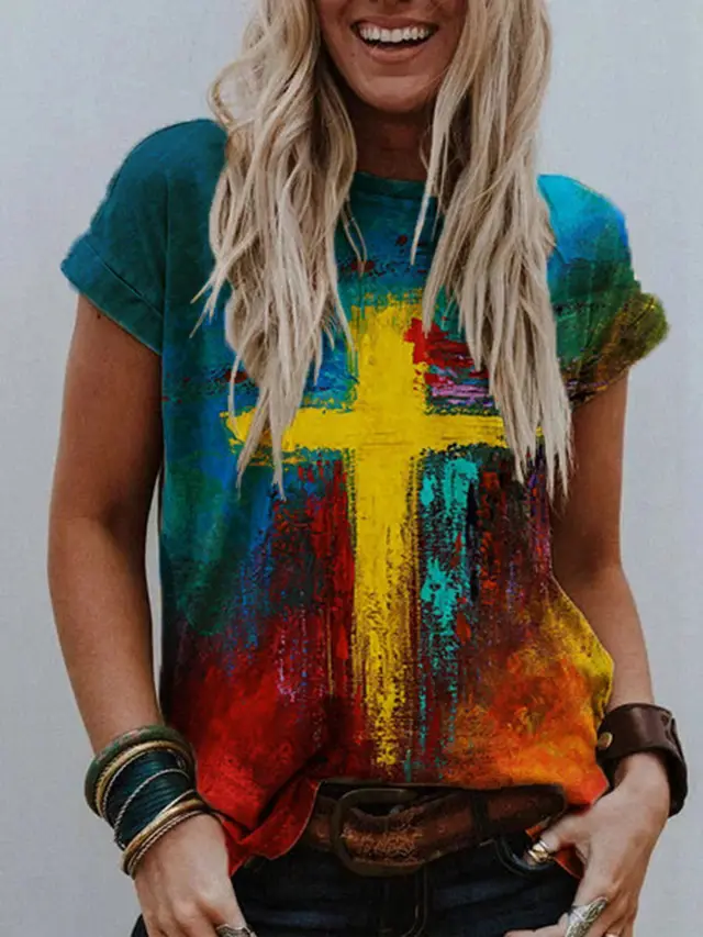 Round Neck Pullover Abstract Painting Style Multicolor Printing Street Hipster Loose Short Sleeved T Shirt - Shop at LoveMi