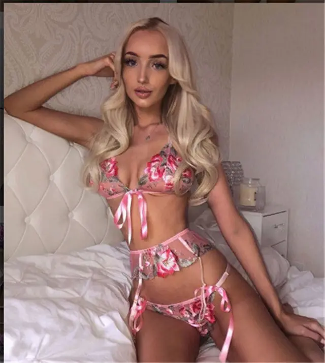 Sexy Strappy Mesh Printed Three point Sexy Suit Pink - Shop at LoveMi