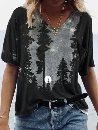 Cross-Border European And American Women's Popular Landscape Print Short-Sleeved V-Neck T-Shirt - C14