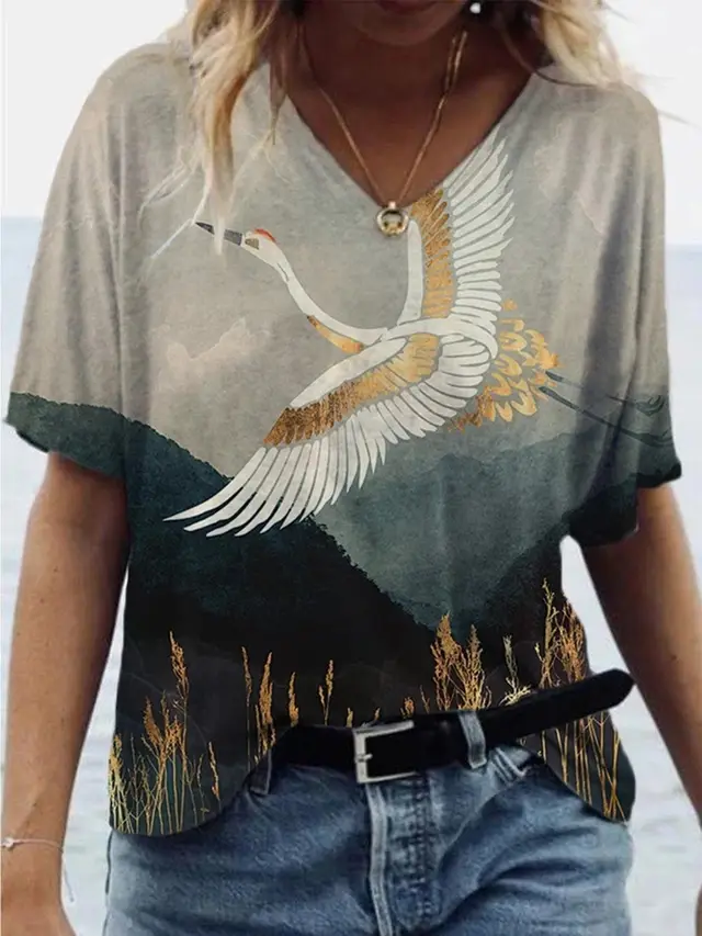 Cross Border European And American Women's Popular Landscape Print Short Sleeved V Neck T Shirt C15 - Shop at LoveMi