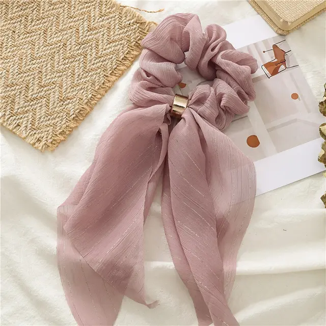 Streamer hair ring new double bow silver ribbon Bean Paste Pink - Shop at LoveMi